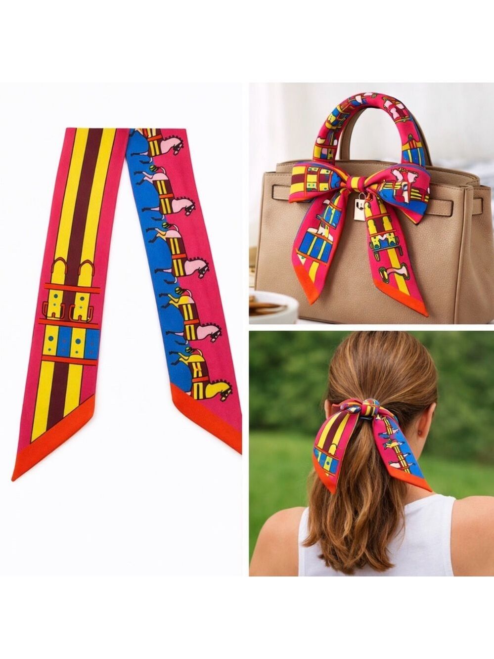 HOT PINK COLORFUL EQUESTRIAN SKINNY SCARF BAG HANDLE WRAP HAIR TIE NECK BANDEAU